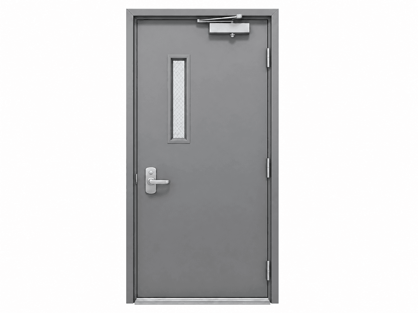 Illustrative gray hollow-metal door and frame with example hardware